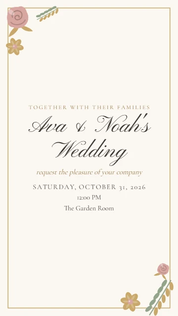 Wedding invitation in script with rose corners