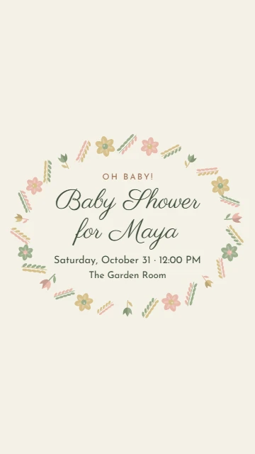 Baby shower invitation inside a flower wreath